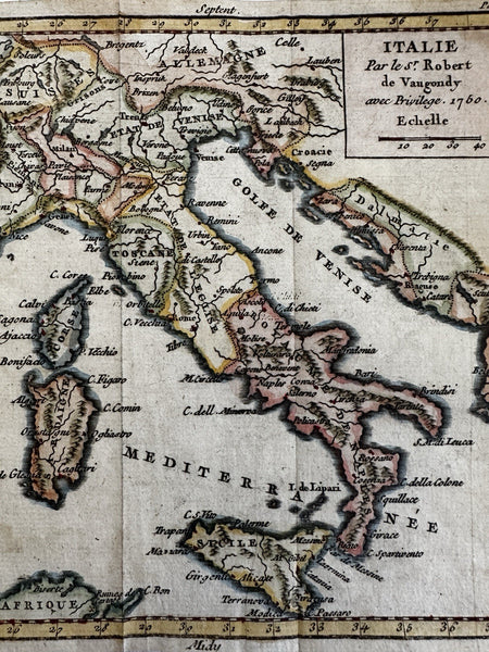 Italia Italie Italy 1750 Vaugondy engraved hand colored miniature map variant