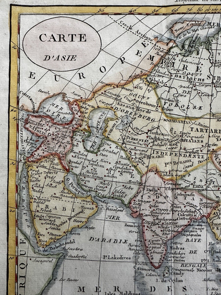 Asia Arabia to China India Korea 1828 attractive hand color engraved antique map