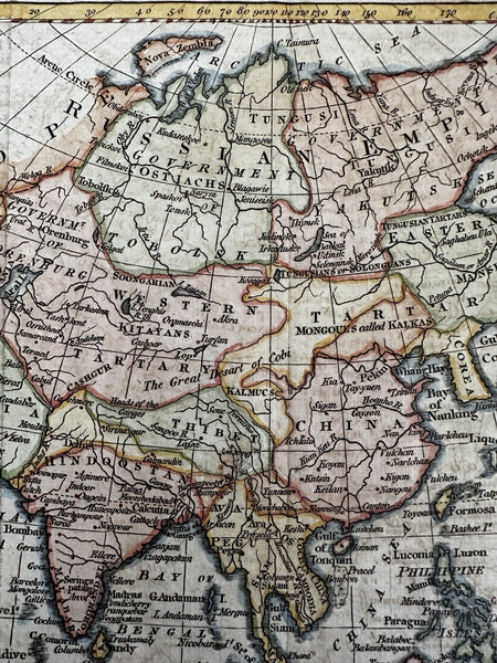 Asia Arabia to China India Korea c. 1790-1810 hand color engraved antique map