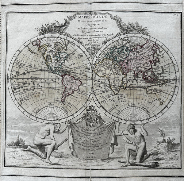 World spheres decorative cartouche Sea of West in North America 1778 Desnos map