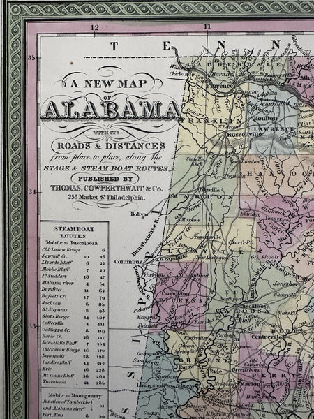 Alabama state 1855 Cowperthwait hand colored early map showing steamboat routes