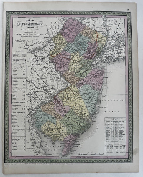 New Jersey state 1855 Cowperthwait hand colored map showing county populations