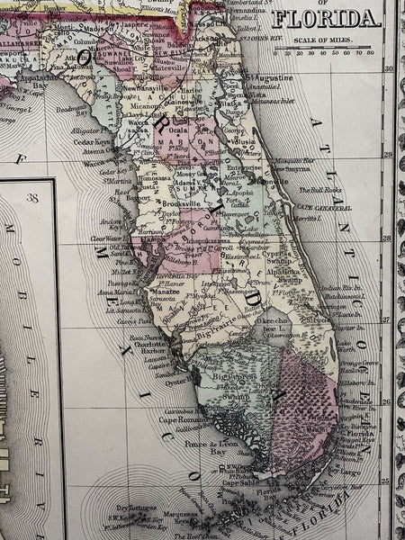 Florida state by itself Mobile city plan 1874 Mitchell hand colored nice map