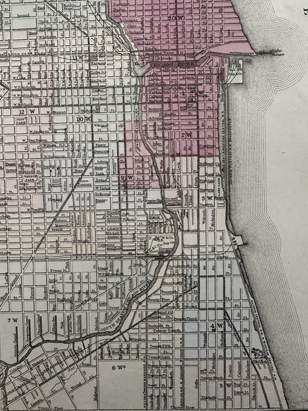 Chicago Illinois city plan 1874 Mitchell decorative hand colored nice map