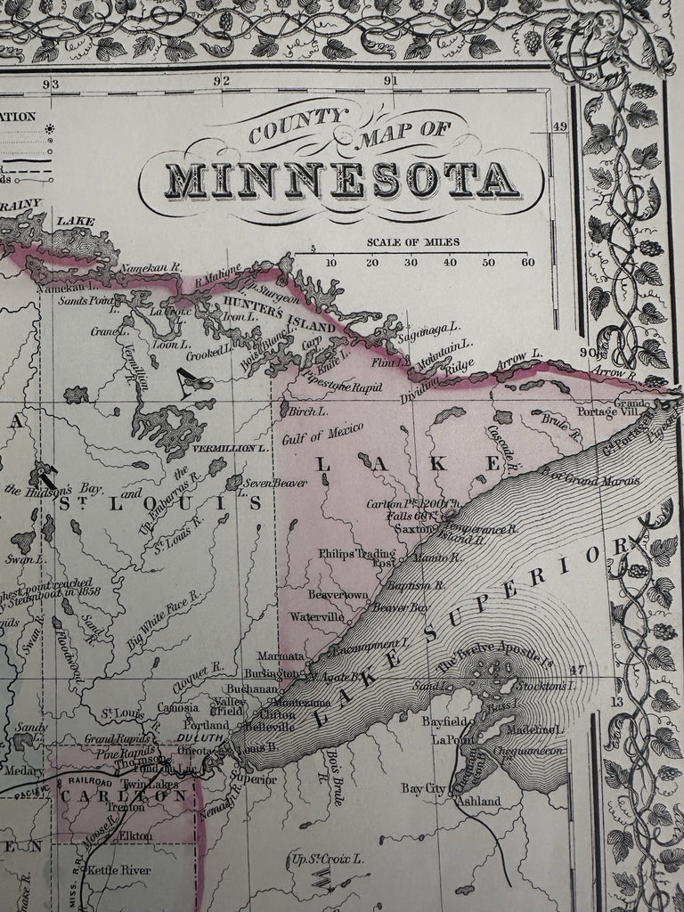Minnesota state by itself 1880 Mitchell decorative hand colored nice map
