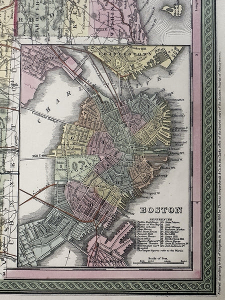 Massachusetts w/ Boston plan 1855 Cowperthwait lovely hand colored uncommon map