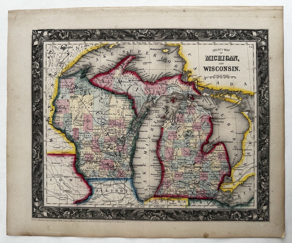 Michigan & Wisconsin states 1860 Mitchell hand colored nice decorative map