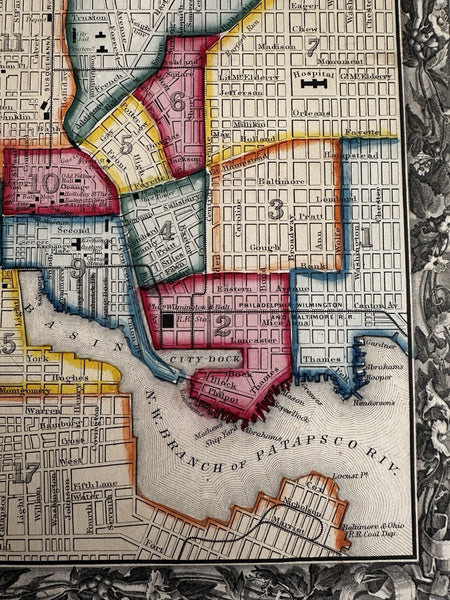 Baltimore Maryland city plan 1860 Mitchell hand colored nice decorative map