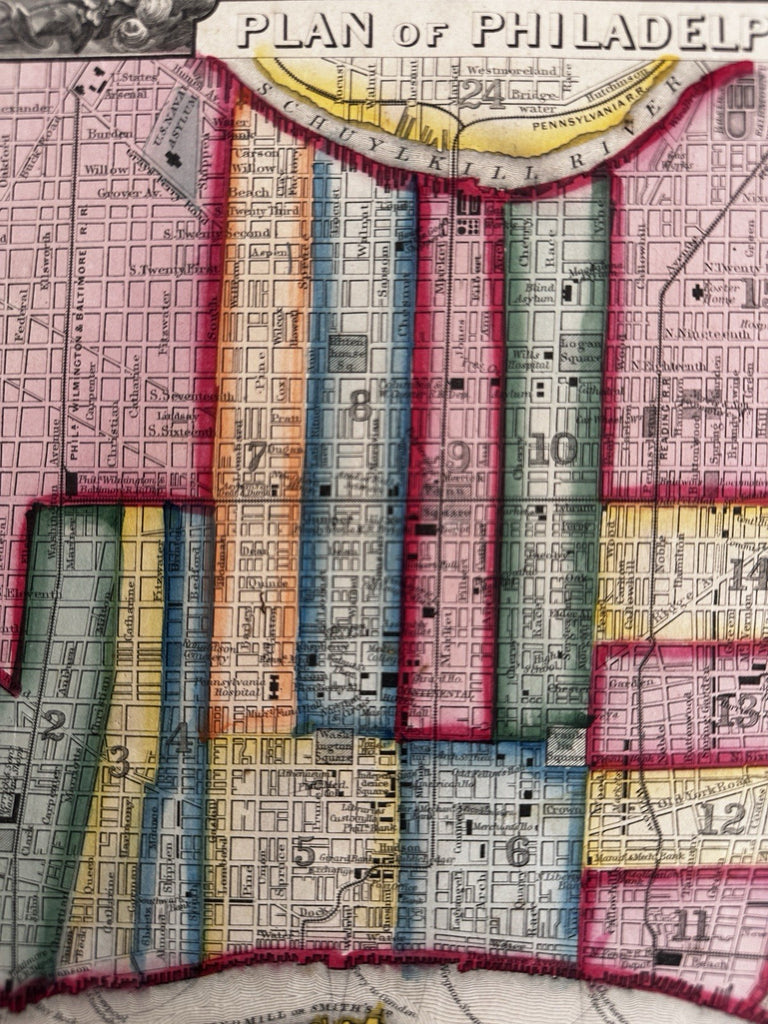 Philadelphia PA early city plan 1860 Mitchell hand colored nice decorative map