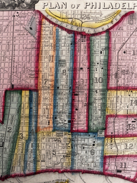 Philadelphia PA early city plan 1860 Mitchell hand colored nice decorative map