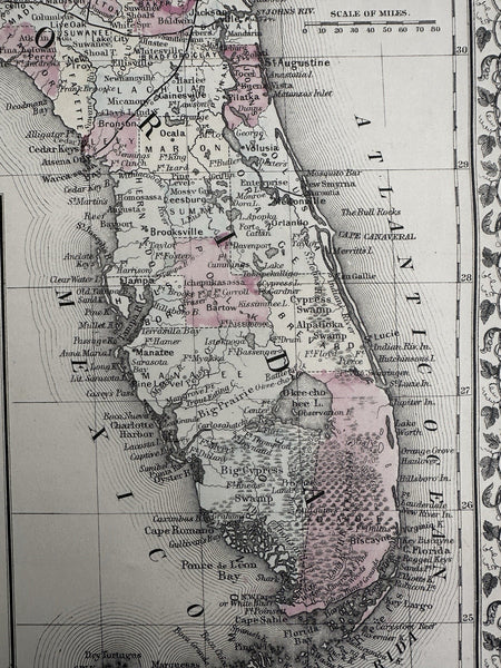 Florida state by itself Mobile city plan 1880 Mitchell hand colored nice map