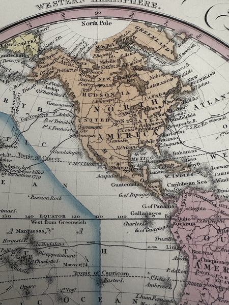 World in spheres early explorer ocean routes 1855 Cowperthwait hand colored map