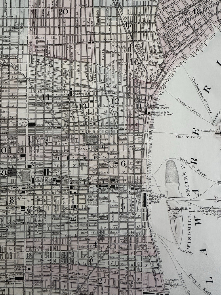 Philadelphia detailed city plan 1880 Mitchell large decorative hand colored map