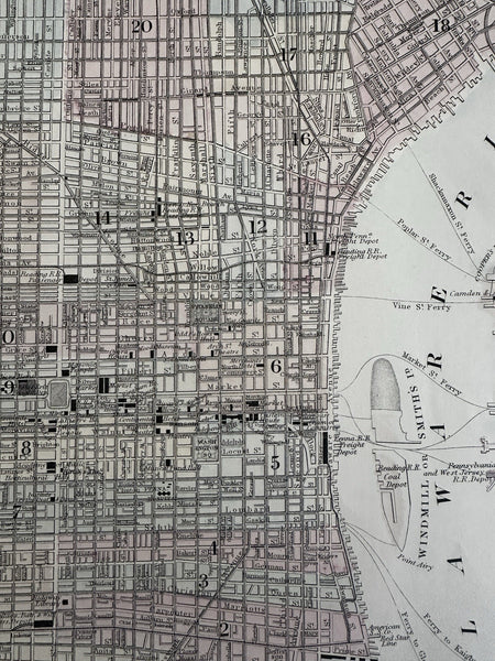 Philadelphia detailed city plan 1880 Mitchell large decorative hand colored map