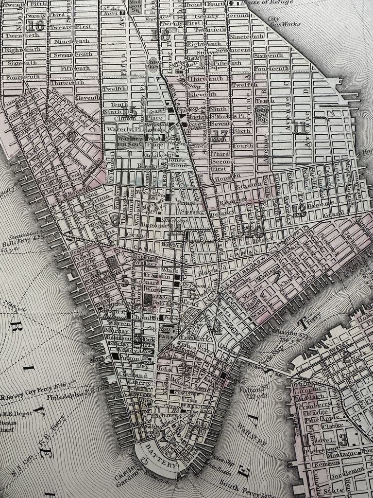 New York city detailed plan 1880 Mitchell large decorative hand colored map