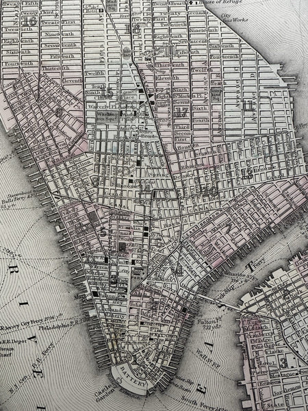New York city detailed plan 1880 Mitchell large decorative hand colored map
