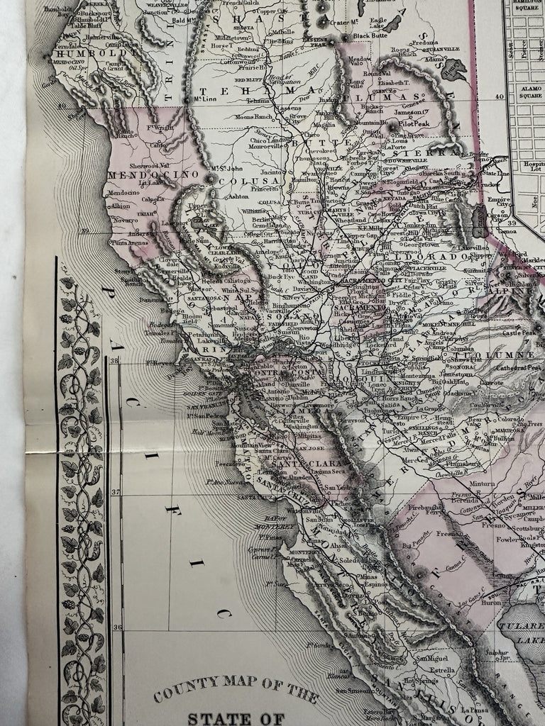 California w/ San Francisco plan 1880 Mitchell decorative hand colored large map