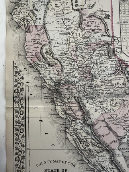 California w/ San Francisco plan 1880 Mitchell decorative hand colored large map