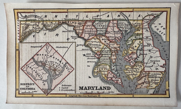 Maryland state 1853 Ensign charming giftable miniature hand colored map