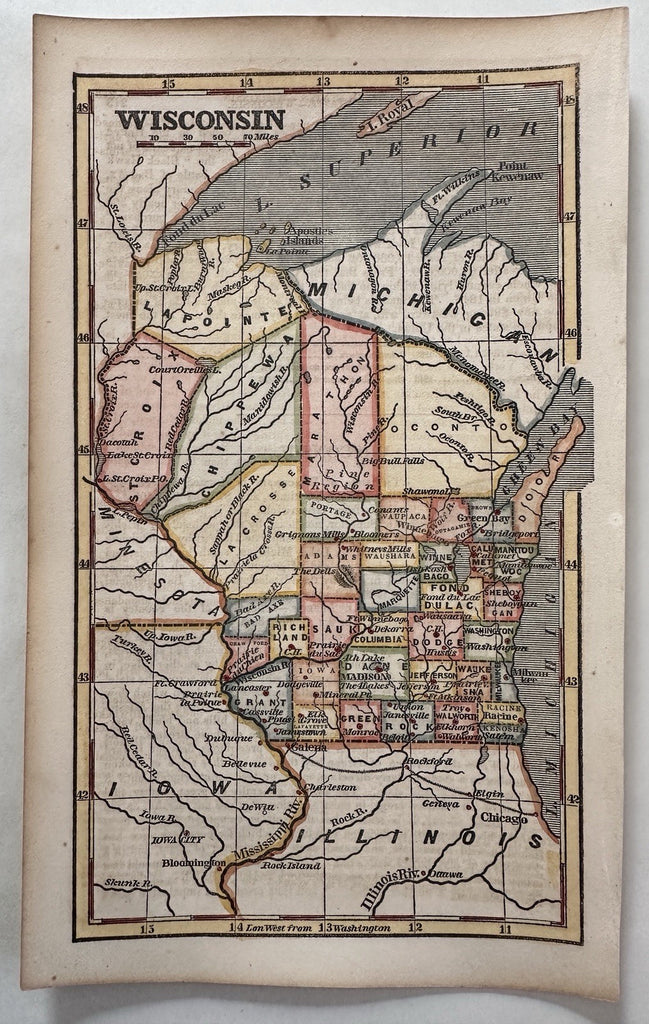 Wisconsin state 1853 Ensign charming giftable miniature hand colored map