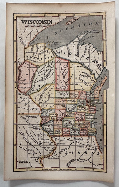 Wisconsin state 1853 Ensign charming giftable miniature hand colored map