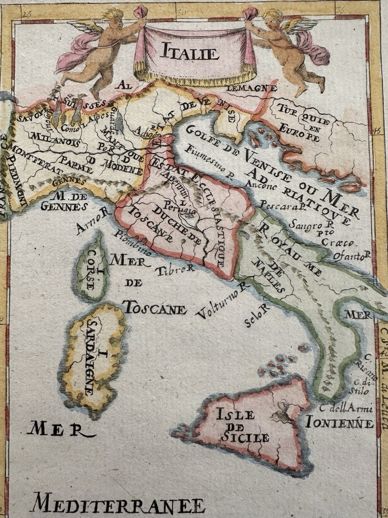 Italy Italia cherub banner cartouche 1719 Mallet miniature hand color map