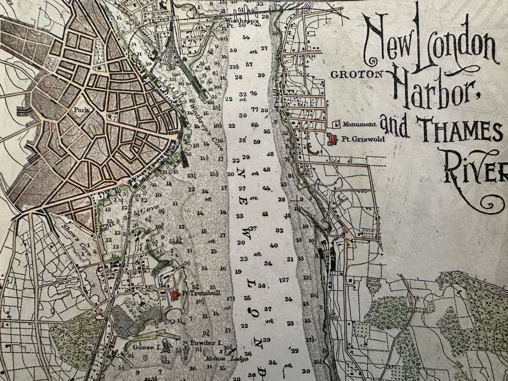 New London Connecticut Thames river Groton c.1910 hand color nautical map