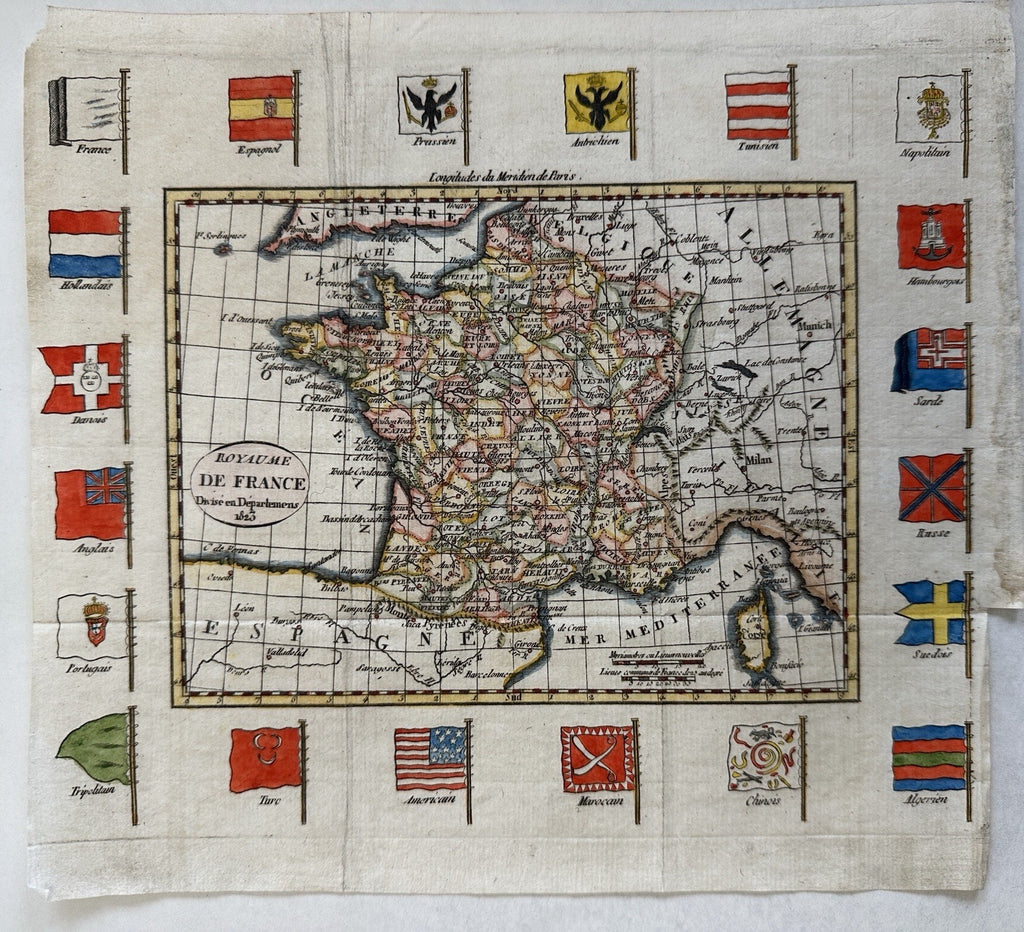 France w/ world flags around it 1823 beautiful scarce map w/ lovely hand color