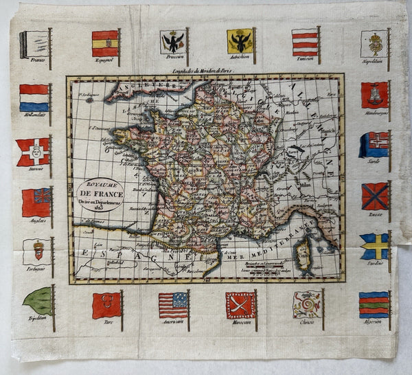 France w/ world flags around it 1823 beautiful scarce map w/ lovely hand color