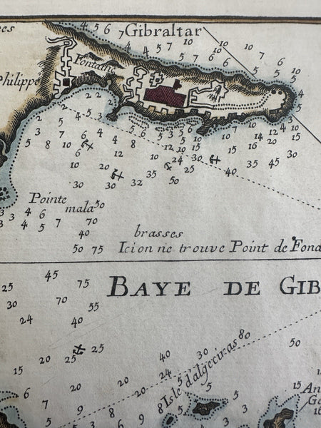 Gibraltar Bay Spain 1764 Roux engraved hand color coastal map