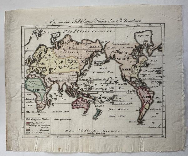 World Thematic map clothing of peoples nudity c.1810-20’s rare hand color map