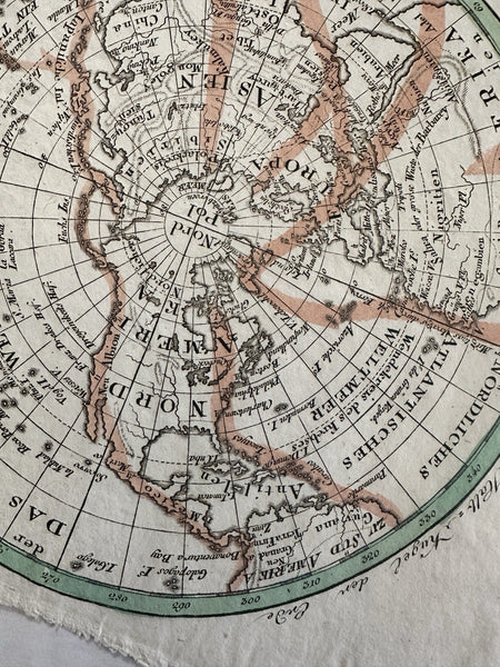 World North pole projection Asia America Europe c.1810-30’s rare hand color map