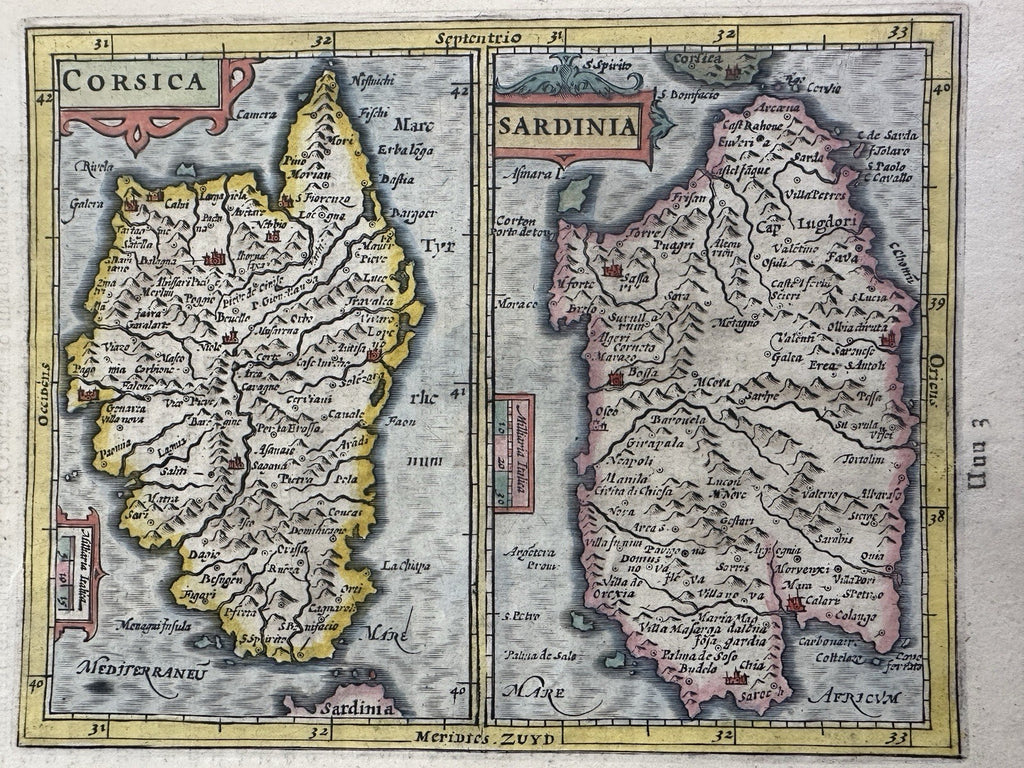 Corsica Sardinia Italy Italia c.1605-20 Mercator minor rare hand color map