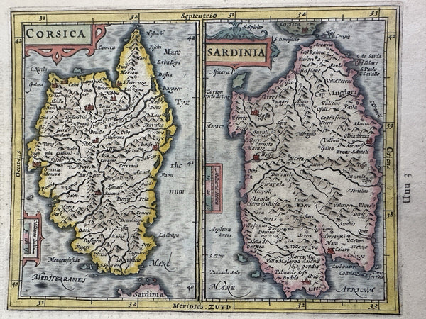 Corsica Sardinia Italy Italia c.1605-20 Mercator minor rare hand color map