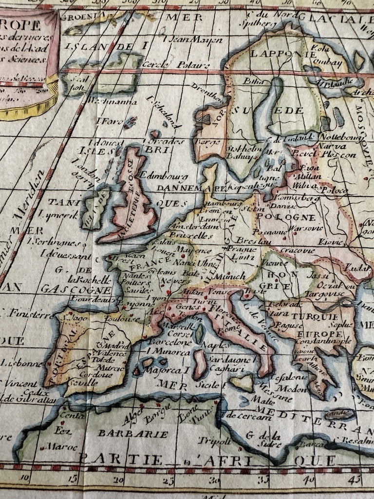 Europe continent 1744 Faure engraved hand colored charming miniature map