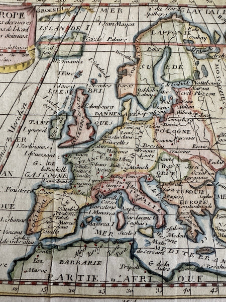 Europe continent 1744 Faure engraved hand colored charming miniature map