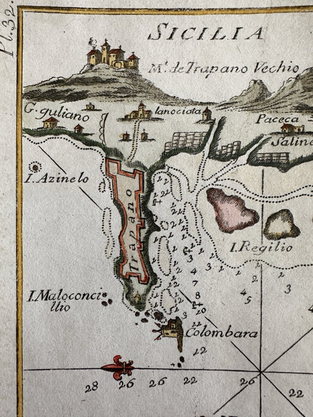 Sicily Italy Sicilia Trapano harbor 1764 Roux engraved coastal map