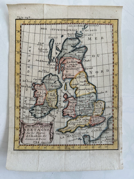 British Isles U.K. Ireland England 1744 Faure hand color miniature engraved map