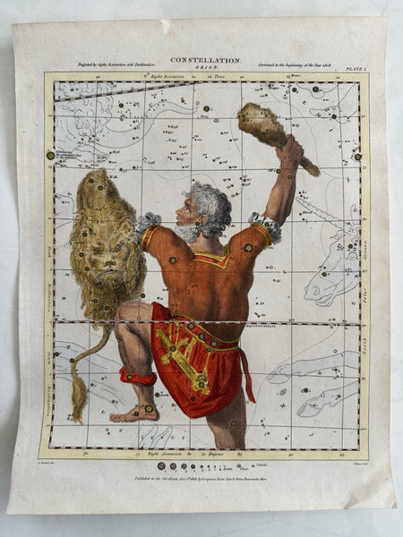 Celestial star constellations Orion 1808 hand color engraved sky heavens print