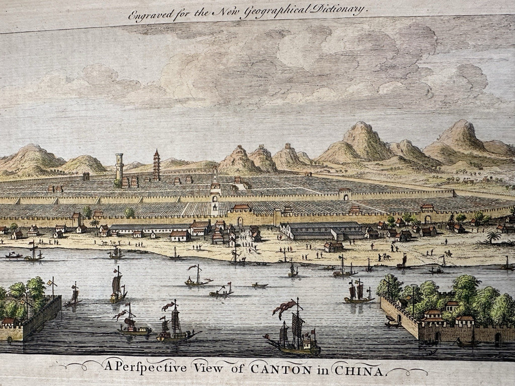 Canton China harbor scene 1759 engraved hand colored prospect birds-eye view