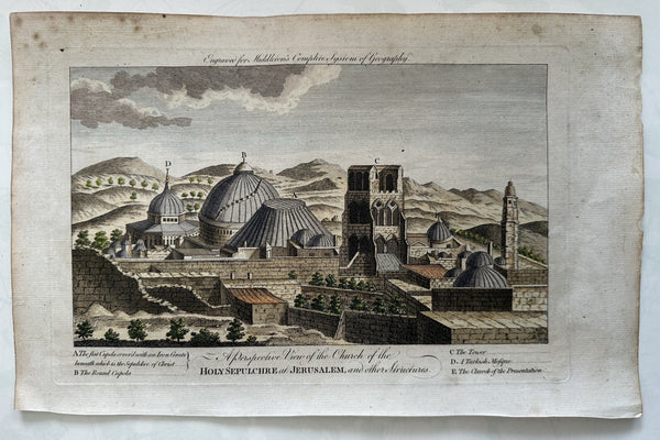 Jerusalem Holy Sepulchre 1759 engraved hand colored prospect birds-eye view