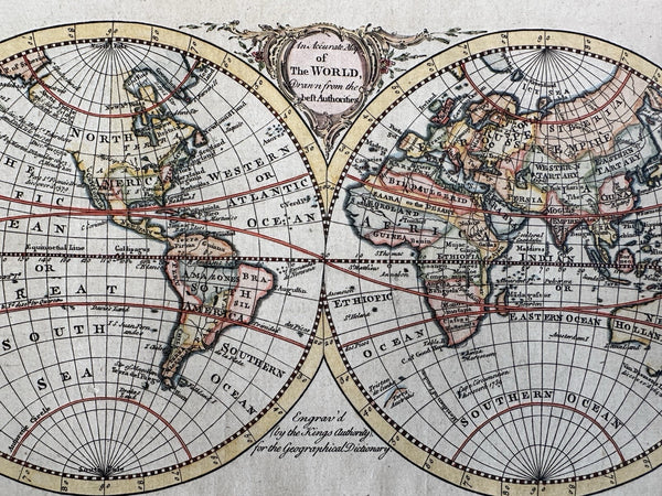 World in hemispheres discoveries map c.1760s Rollos engraved unexplored Pacific