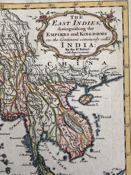 East Indies India Thailand Siam Cambodia Tibet c.1760s Vaugondy engraved map