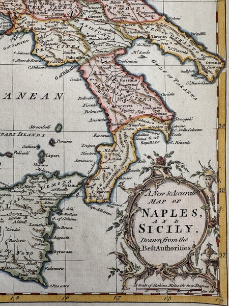 Southern Italy Naples & Sicily c.1760s Vaugondy decorative engraved color map