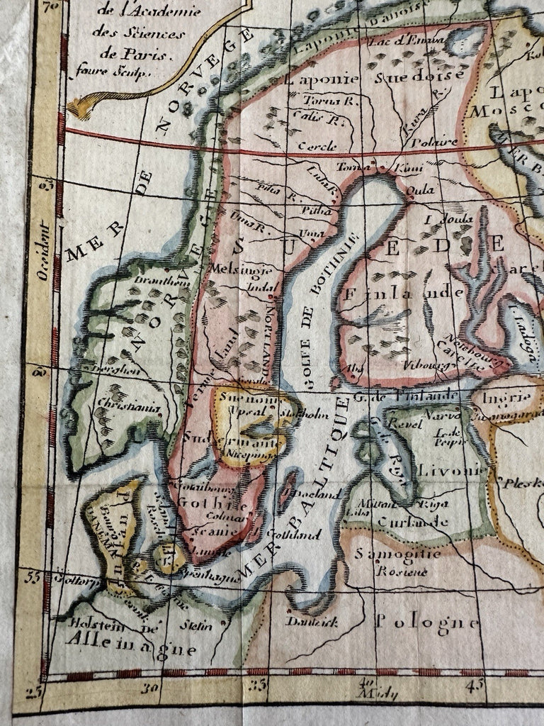 Sweden Norway Scandinavia  1744 Faure engraved hand colored miniature map