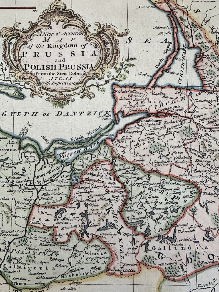 Polish Prussia Poland Kingdom c.1760s Vaugondy decorative engraved color map