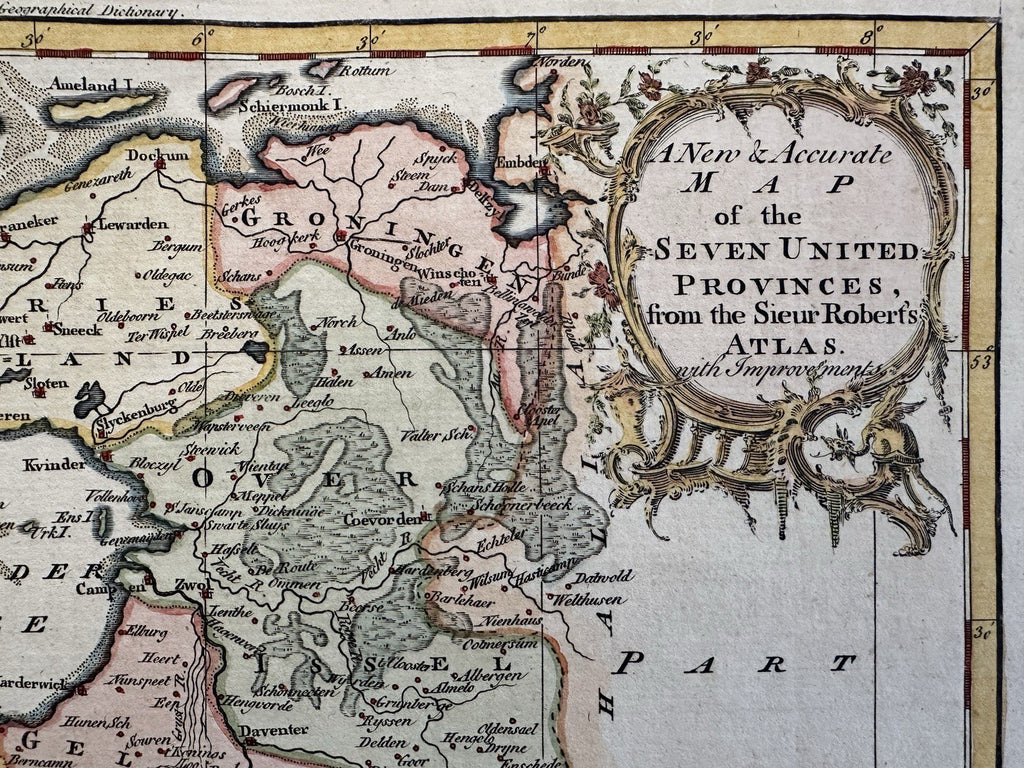 Netherlands Seven United Provinces 1760s Vaugondy decorative engraved color map