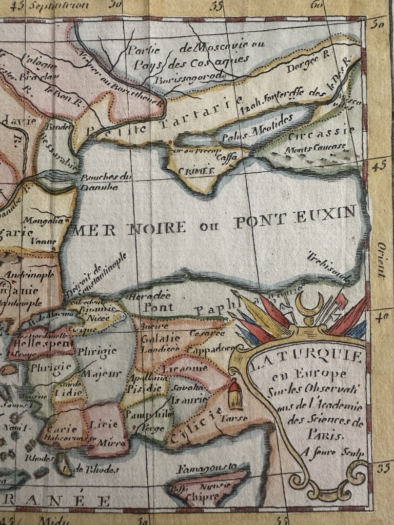 Turkey in Europe Balkan’s Black Sea 1744 Faure engraved hand color miniature map