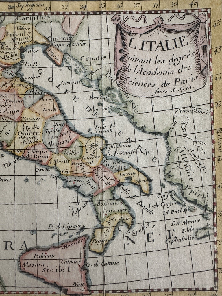 Italy L’Italia 1744 Faure charming engraved hand color miniature map