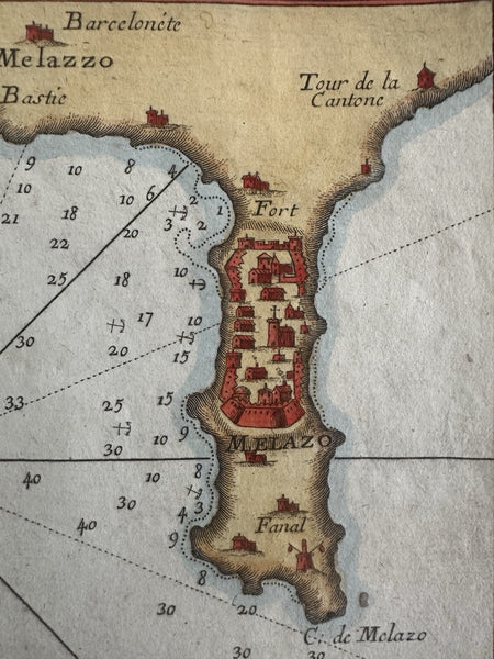 Italy Sicily Milazzo Melazzo harbor citadel 1764 Roux engraved coastal map